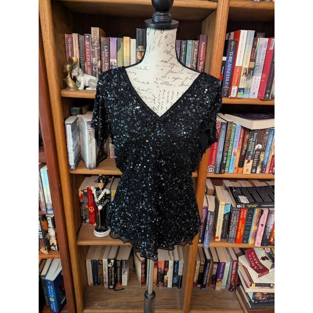 Vintage Adrianna Papell Evening Essentials Women's L Silk Black Top Blouse